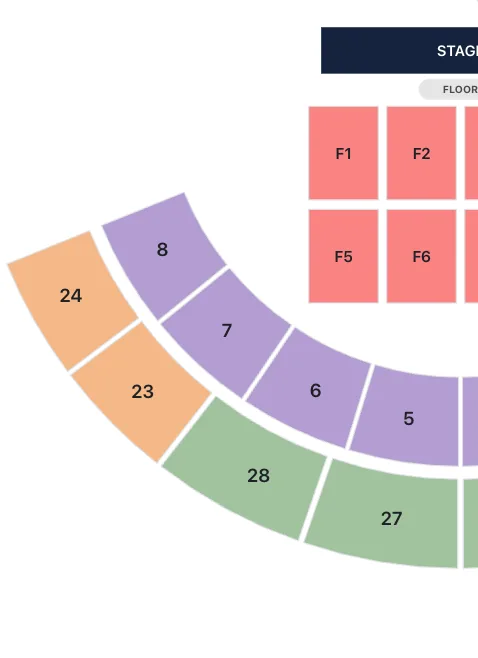 구역 선택 화면. Ticket Ready 공연장 배치도 일부로, 위쪽 STAGE 아래 FLOOR F1·F2·F5·F6 구역, 1층 5~8 구역, 2층 23·24·27·28 구역이 등급별 색으로 칠해져 있다.